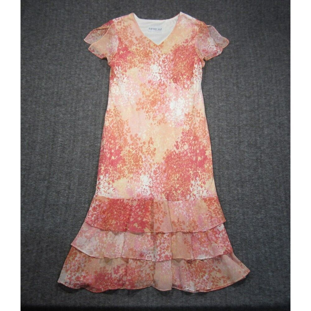 Bedford Fair Dress Women XS/S Orange Pink Floral Sheer Lined Split Sleeve Tiered